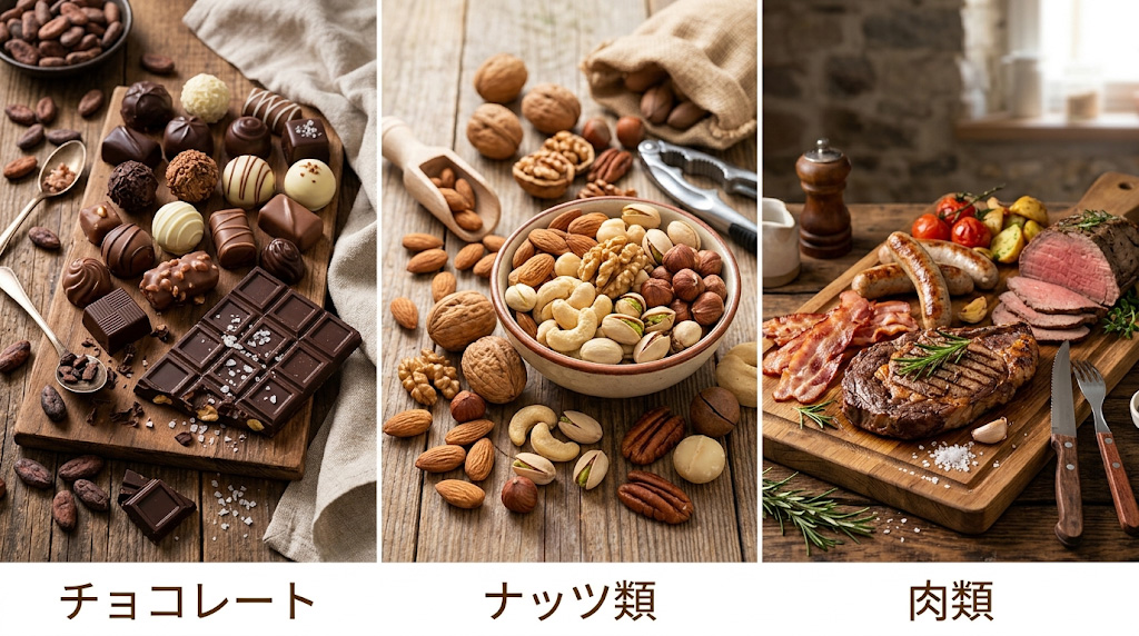チョコレート、ナッツ、肉